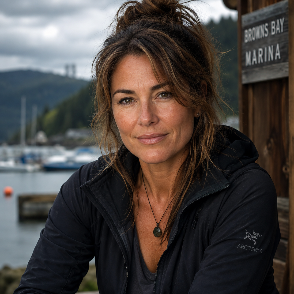 Fiona Simms - A woman with brown hair styled in a loose updo, smiling softly, wearing a black Arc'teryx jacket, sitting outdoors at Browns Bay Marina with boats and hills in the background.