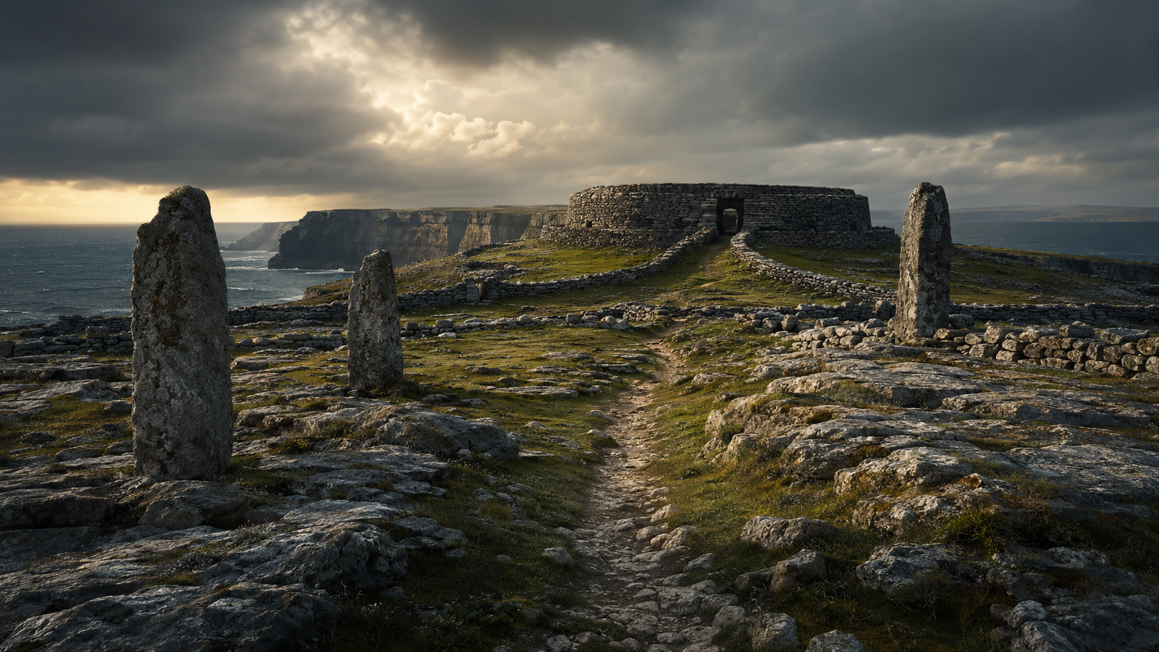 An ancient stone fort on a rugged coastline with tall standing stones along a dirt path, under a cloudy sky at sunset.