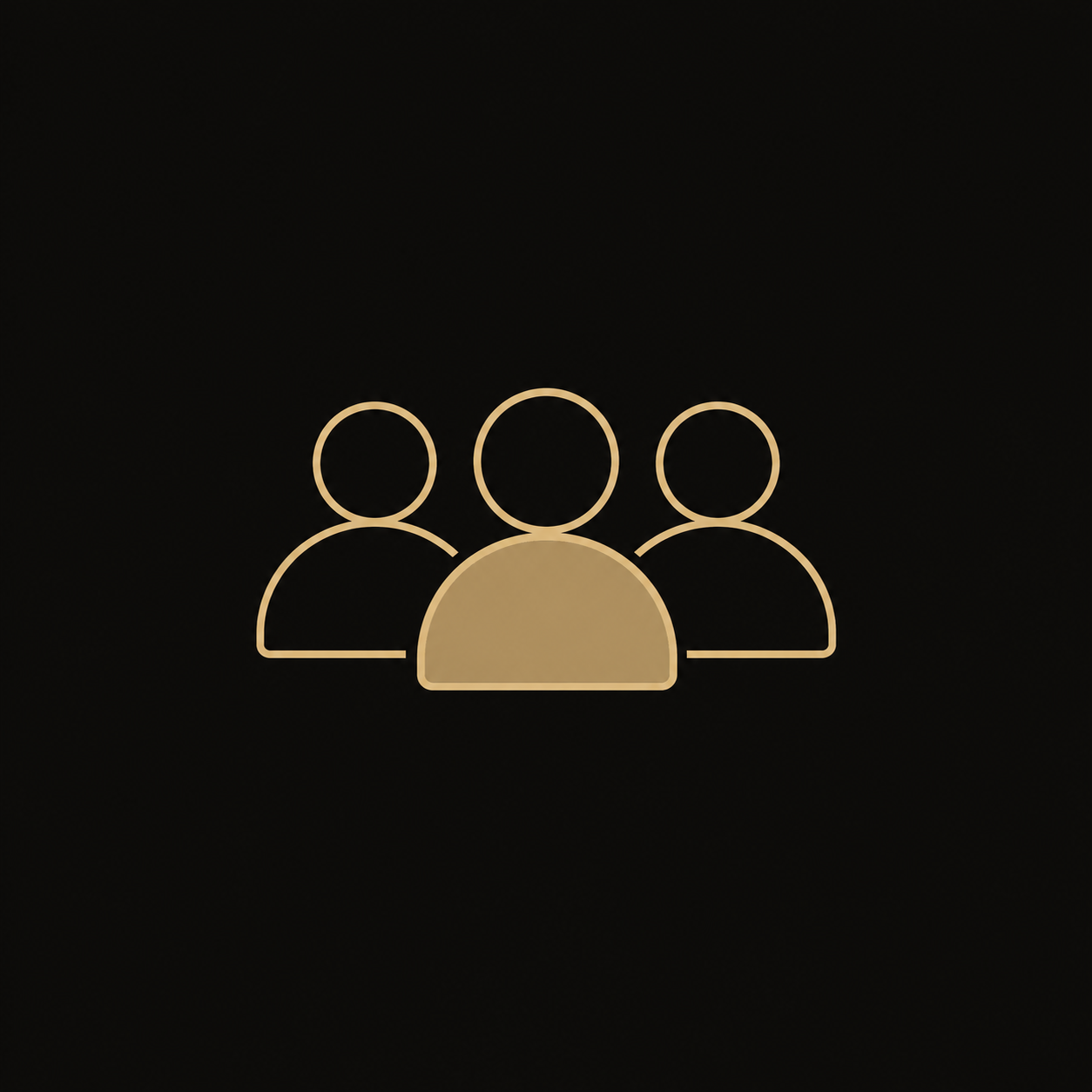 Minimalist icon of three people on a black background, with one in the front and two behind.