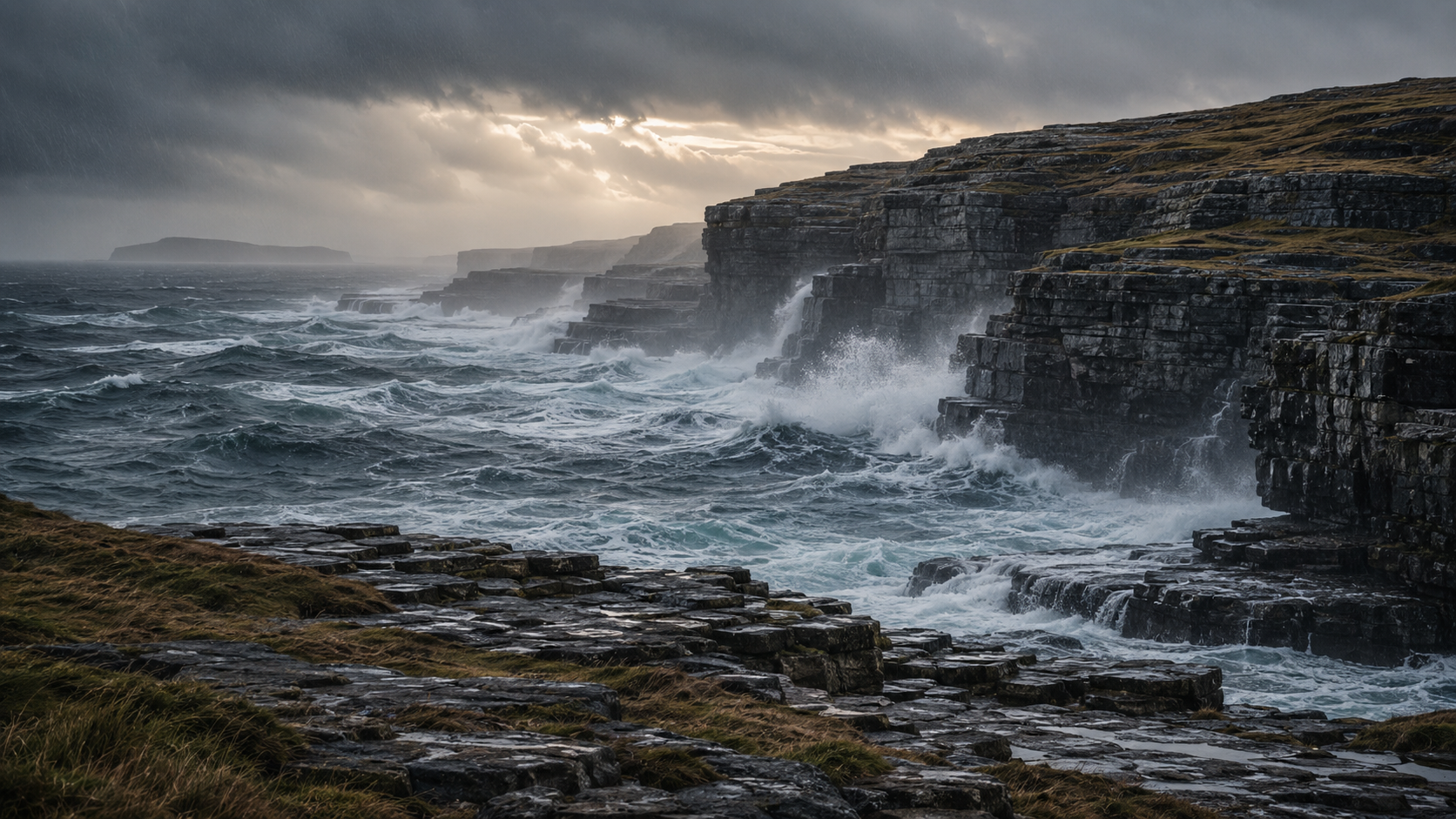 Cliffs along the rocky shoreline with waves crashing and dark stormy clouds overhead.