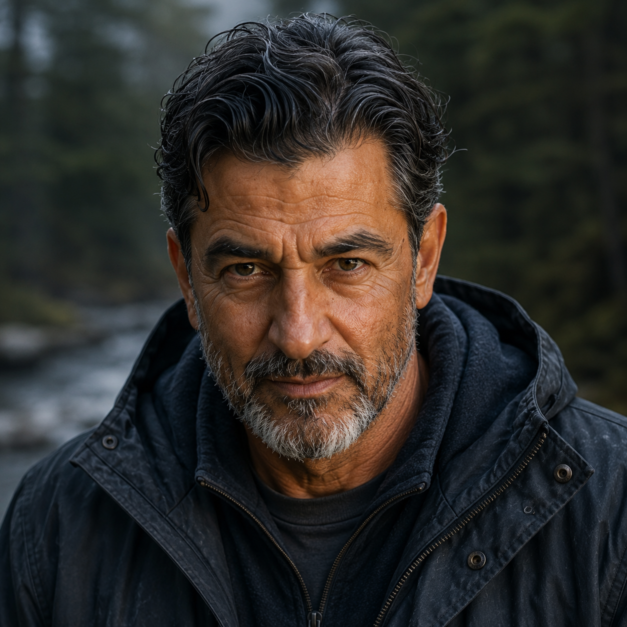 Jasminder 'Jazz' Grewal - Close-up of a serious middle-aged man with dark hair, gray beard, wearing a black outdoor jacket, outdoors with trees and water in the background.