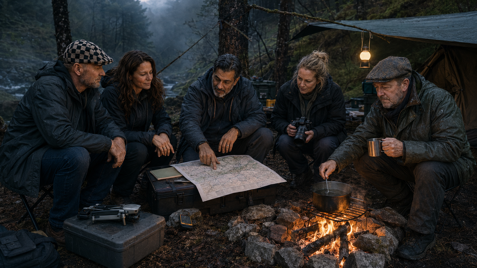 Group of five people in outdoor gear around campfire in forest, reviewing a map and discussing, with camping equipment and camera.