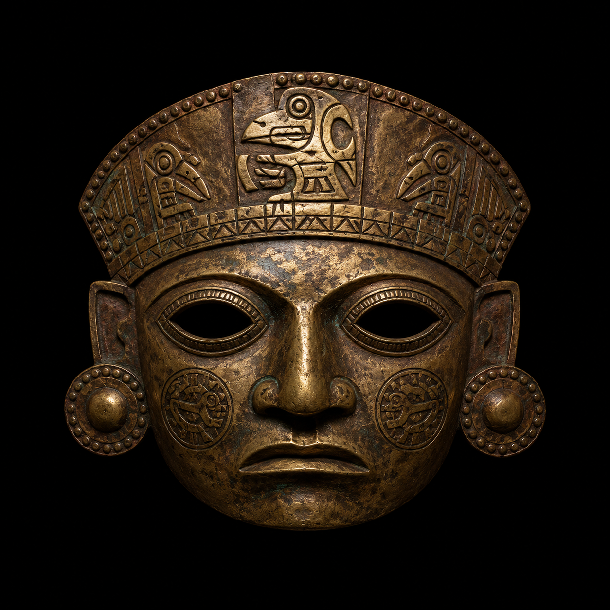 Ancient metallic ceremonial mask with detailed engravings and open eye sockets, featuring a headdress with animal and geometric patterns.