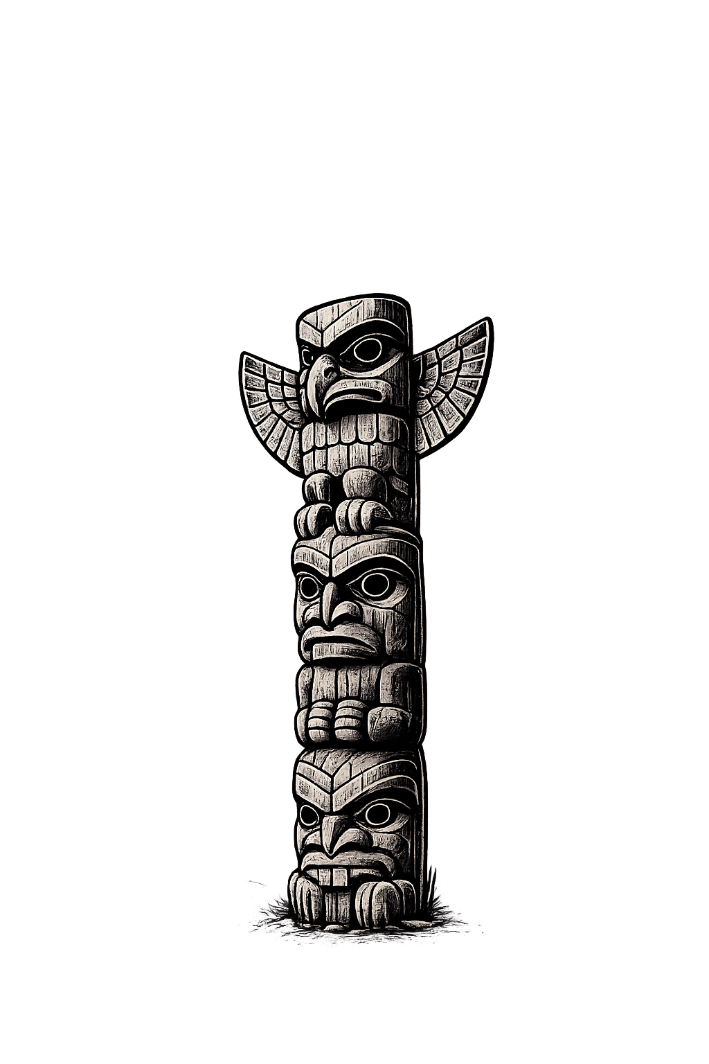 A black-and-white photo of a traditional Native American totem pole with multiple carved faces and figures, standing against a dark background.