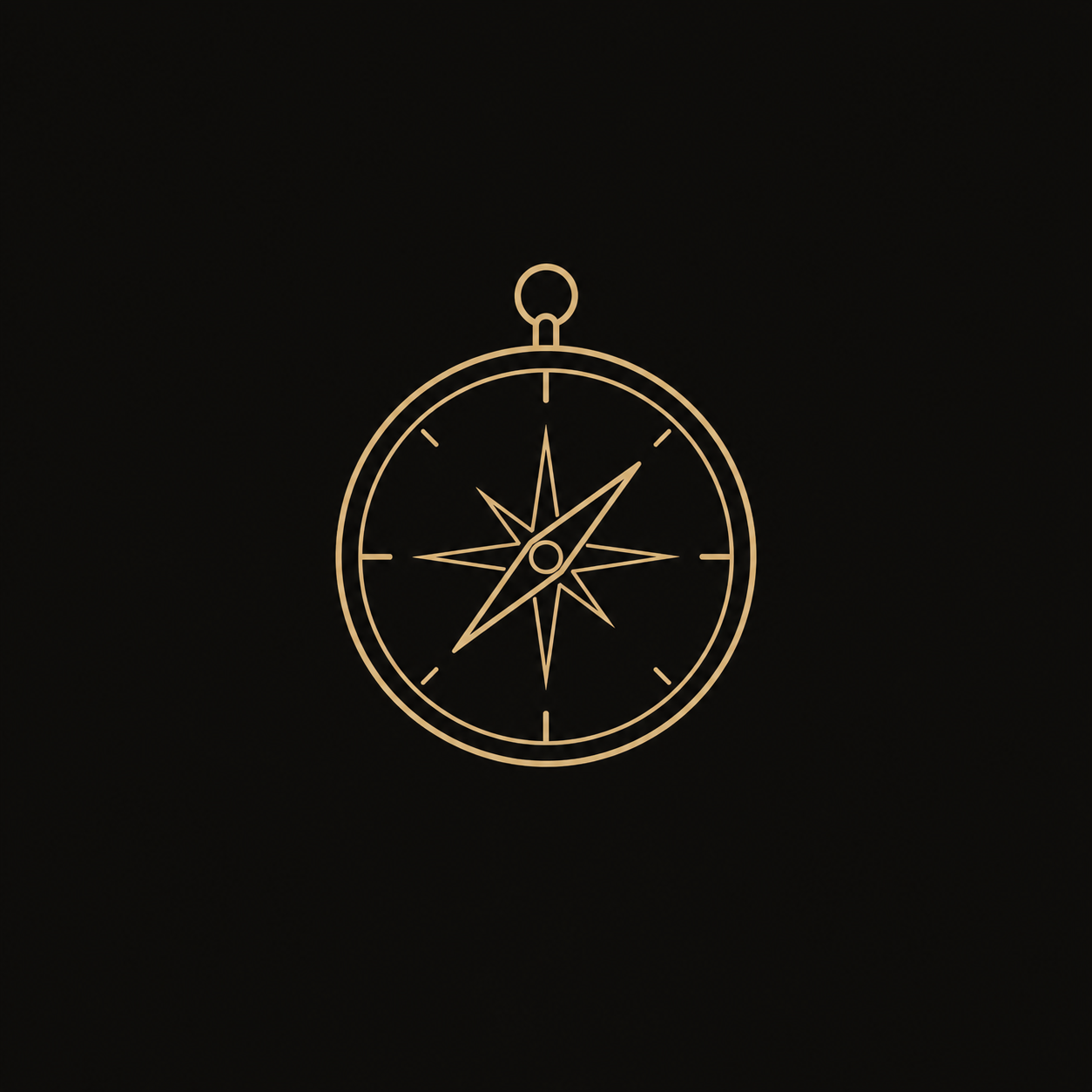A minimalist line drawing of a compass with a black background.