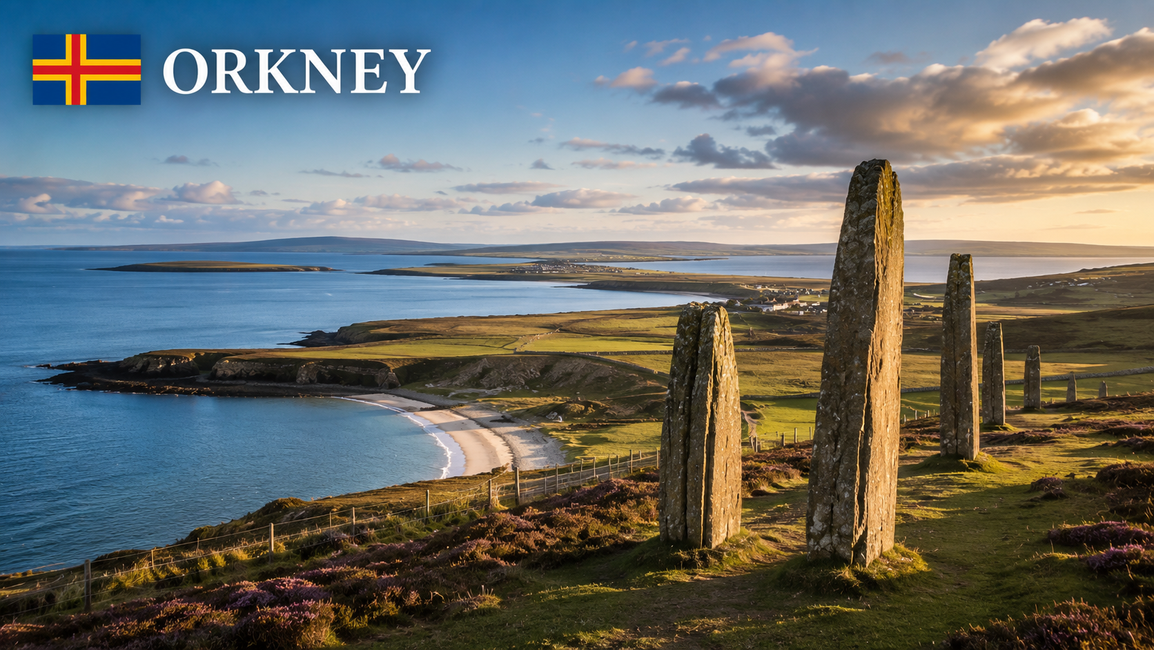 Scenic view of Orkney coastline with standing stones in the foreground, grassy fields, and a beach with calm blue waters during sunset.