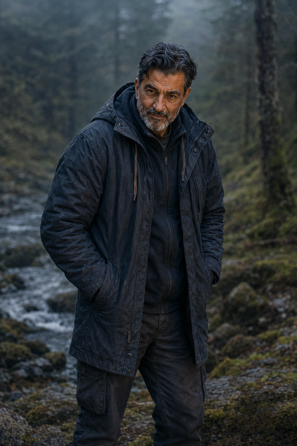 A rugged man with dark hair and a beard standing outdoors in a forested area near a stream, wearing a black waterproof jacket with the hood down and hands in pockets.