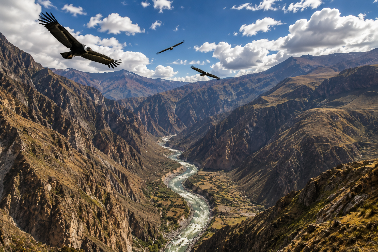 Birds flying over a rugged canyon landscape with a river running through the valley and mountains in the background.