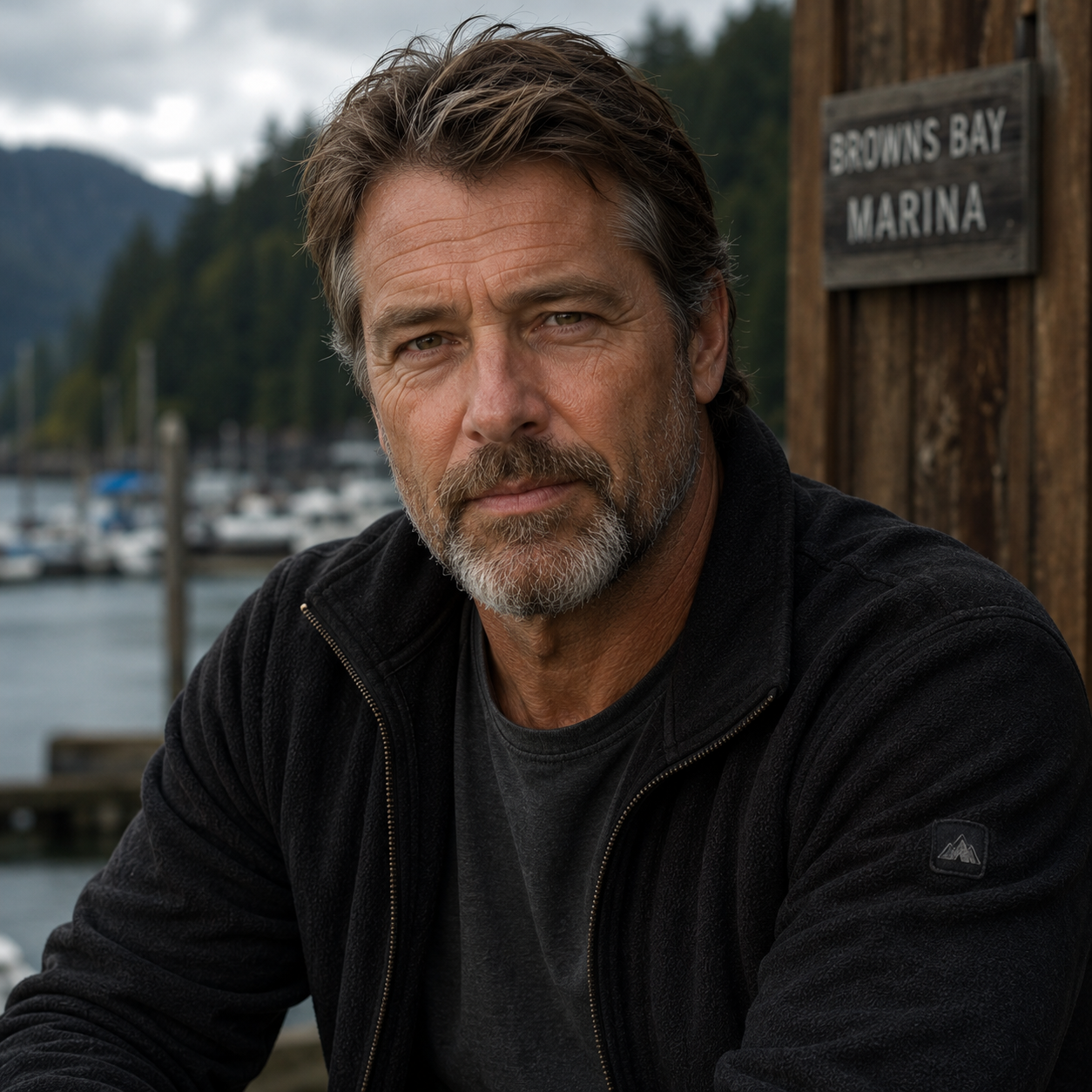 David Simms - Outdoor portrait of a middle-aged man with brown hair and a beard, wearing a black jacket, sitting near Brown's Bay Marina with boats and mountainous background.
