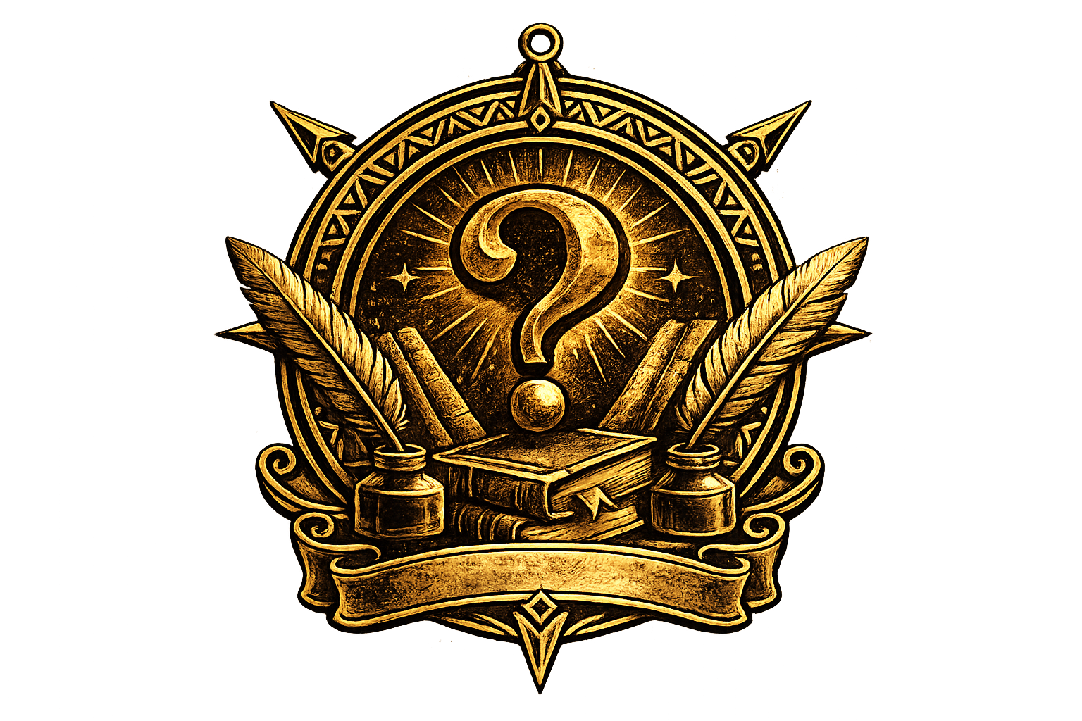 A gold emblem with a question mark at the center, surrounded by a circular design with stars and rays. Below are two ink bottles, a book, and parchment scrolls, all on a decorative banner.