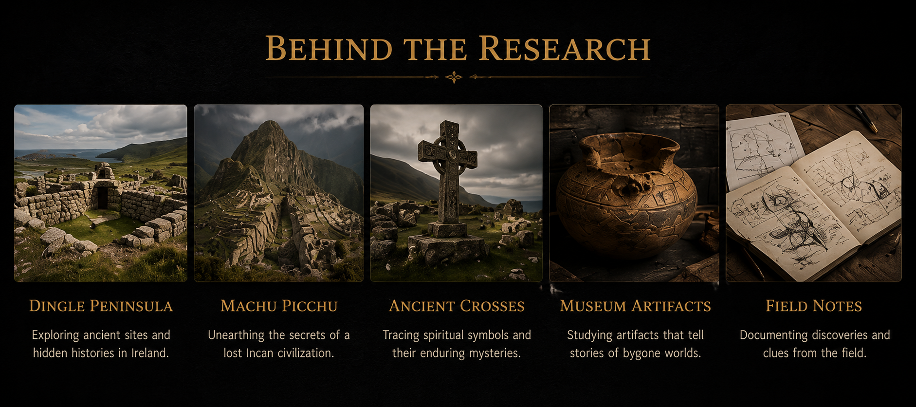 A research presentation slide titled "Behind the Research" with five sections. From left to right: an image of ancient Irish ruins labeled "Dingle Peninsula" with text "Exploring ancient sites and hidden histories in Ireland," a photo of Machu Picchu with the text "Unearthing the secrets of a lost Incan civilization," an image of a Celtic cross with text "Tracing spiritual symbols and their enduring mysteries," a photograph of a pottery artifact with the text "Studying artifacts that tell stories of bygone worlds," and a notebook with sketches and notes titled "Field Notes" for documenting discoveries and clues from the field.