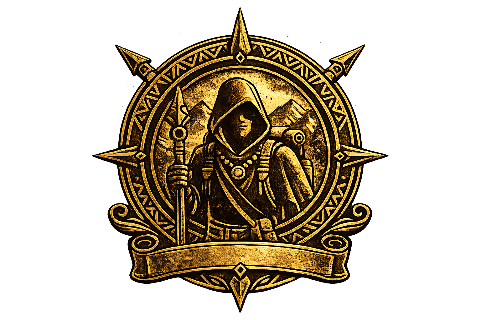 A gold-colored emblem depicting a hooded figure holding a staff, with mountains in the background, surrounded by a decorative circular border with arrowhead points.