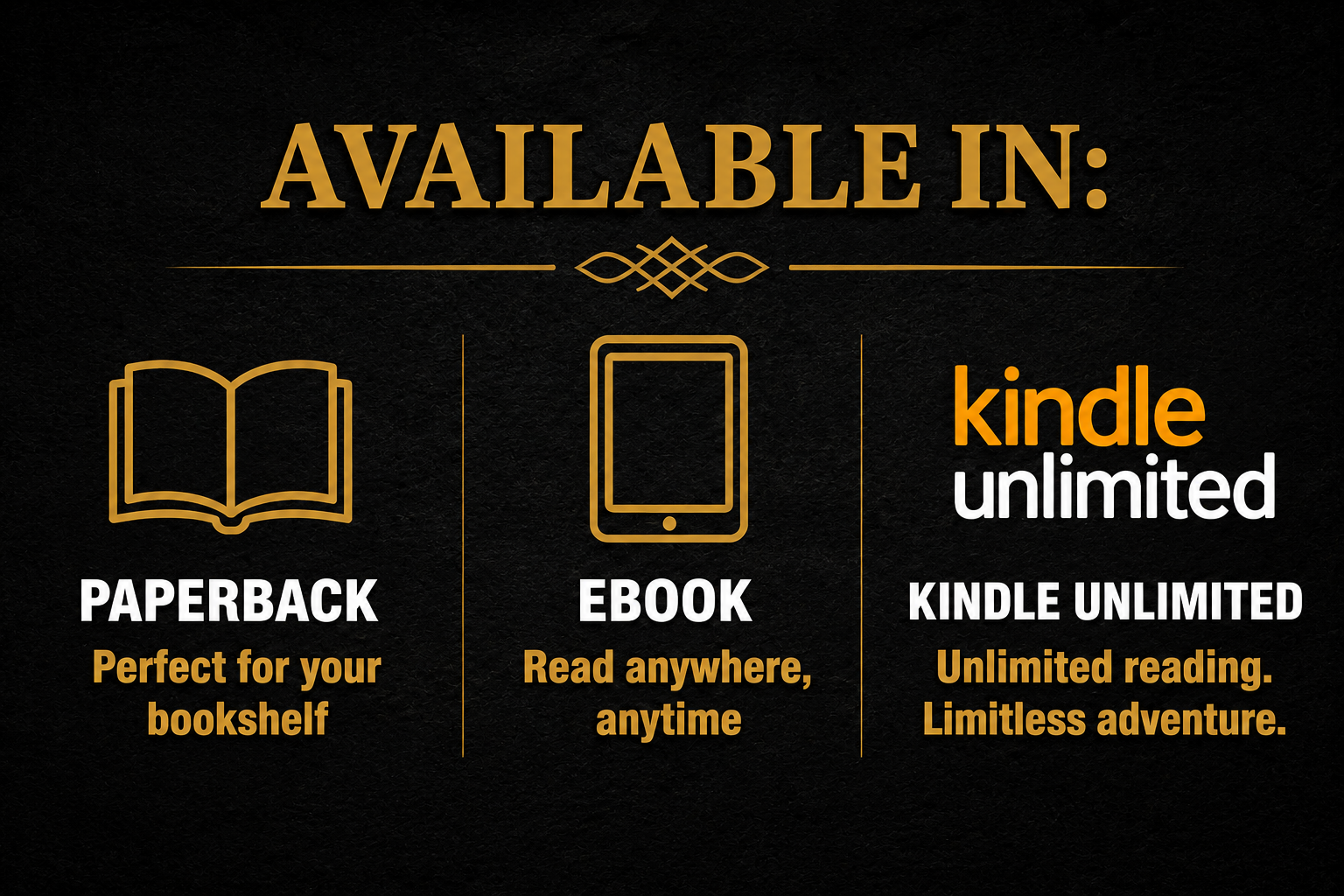 An advertisement showcasing three options for reading: paperback books ideal for your bookshelf, eBooks that can be read anywhere and anytime, and Kindle Unlimited offering unlimited reading and limitless adventure.