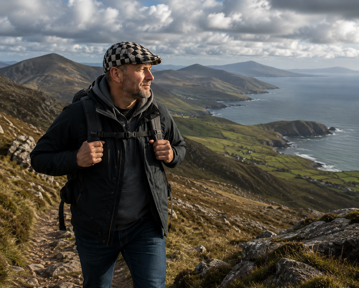 A man with a backpack hiking along a trail on a coastal hillside with a view of green fields, hills, and the ocean in the background.