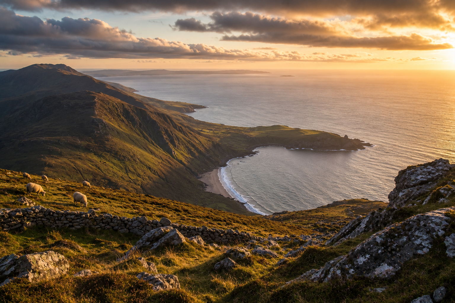 Sunset over a coastal landscape with green hills, sheep grazing, rocky terrain, and a sandy beach curving along the shoreline.