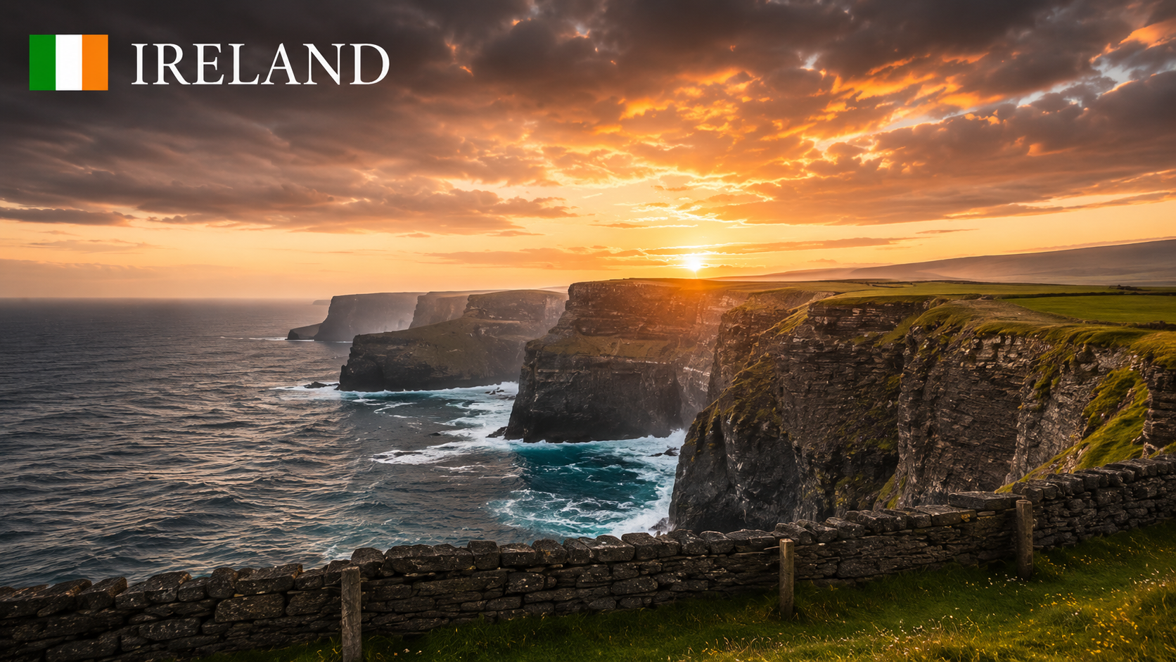 Scenic view of Cliffs of Moher in Ireland at sunset with a stone wall in the foreground, green grassy areas, ocean waves, and a sky with dramatic clouds and warm sunlight.