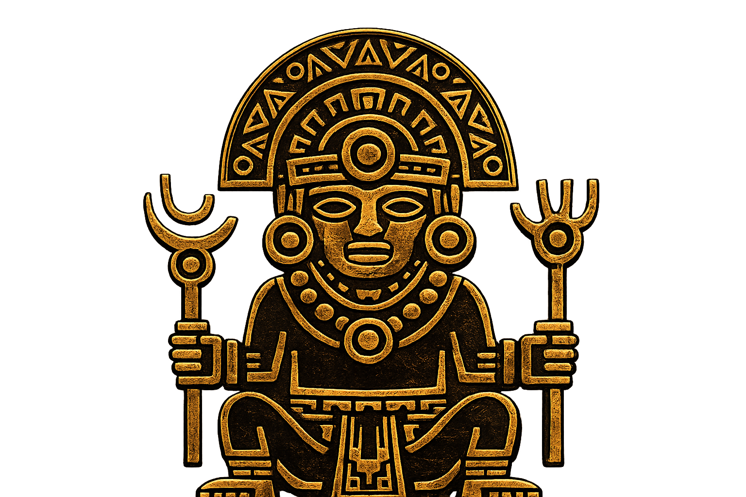 Gold-colored ancient or tribal figure with detailed patterns and accessories, holding a staff with a crescent moon on one side and a trident-like object on the other, wearing an elaborate headdress and jewelry, set against a purple and black background.