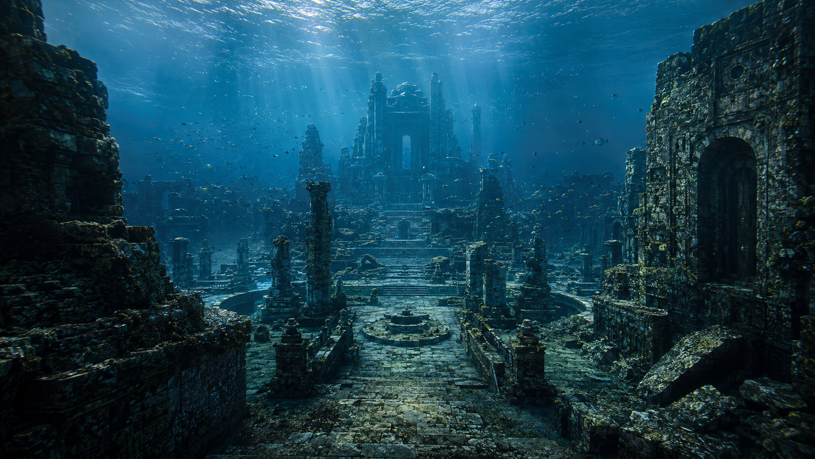 Underwater scene of ancient, ruined temple with stone steps, columns, and structures covered in algae and marine growth, illuminated by sunlight filtering through the water.