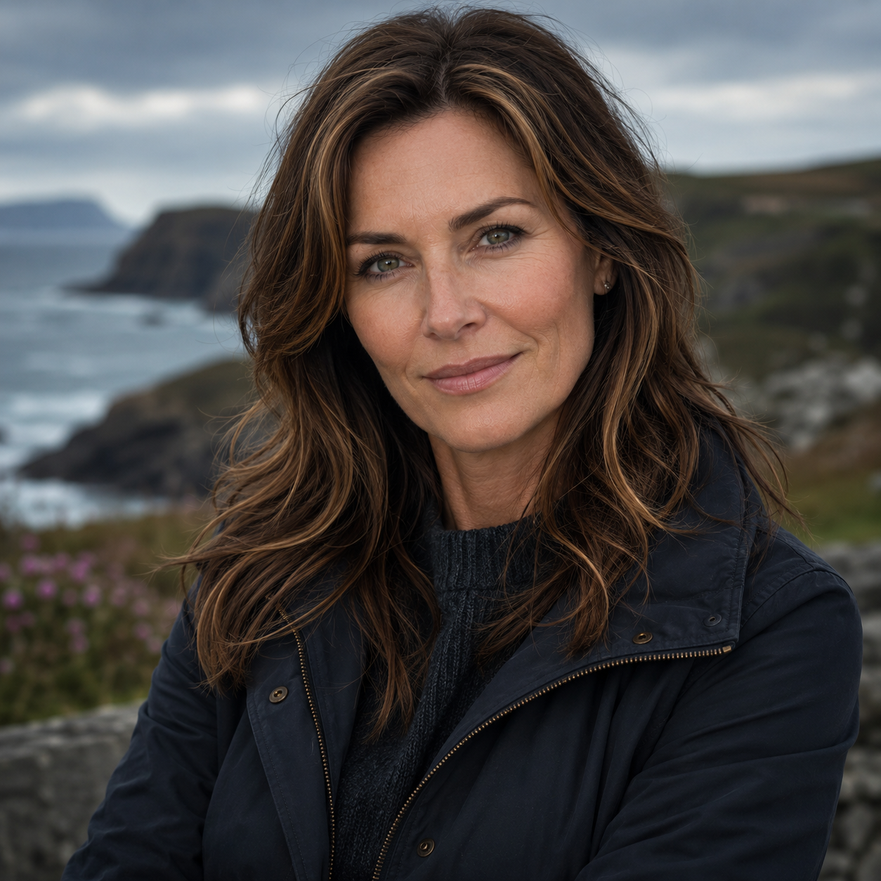 Maeve Ryan - A woman with long brown hair and blue eyes smiling outdoors near a coastline with rocky cliffs and a cloudy sky in the background.