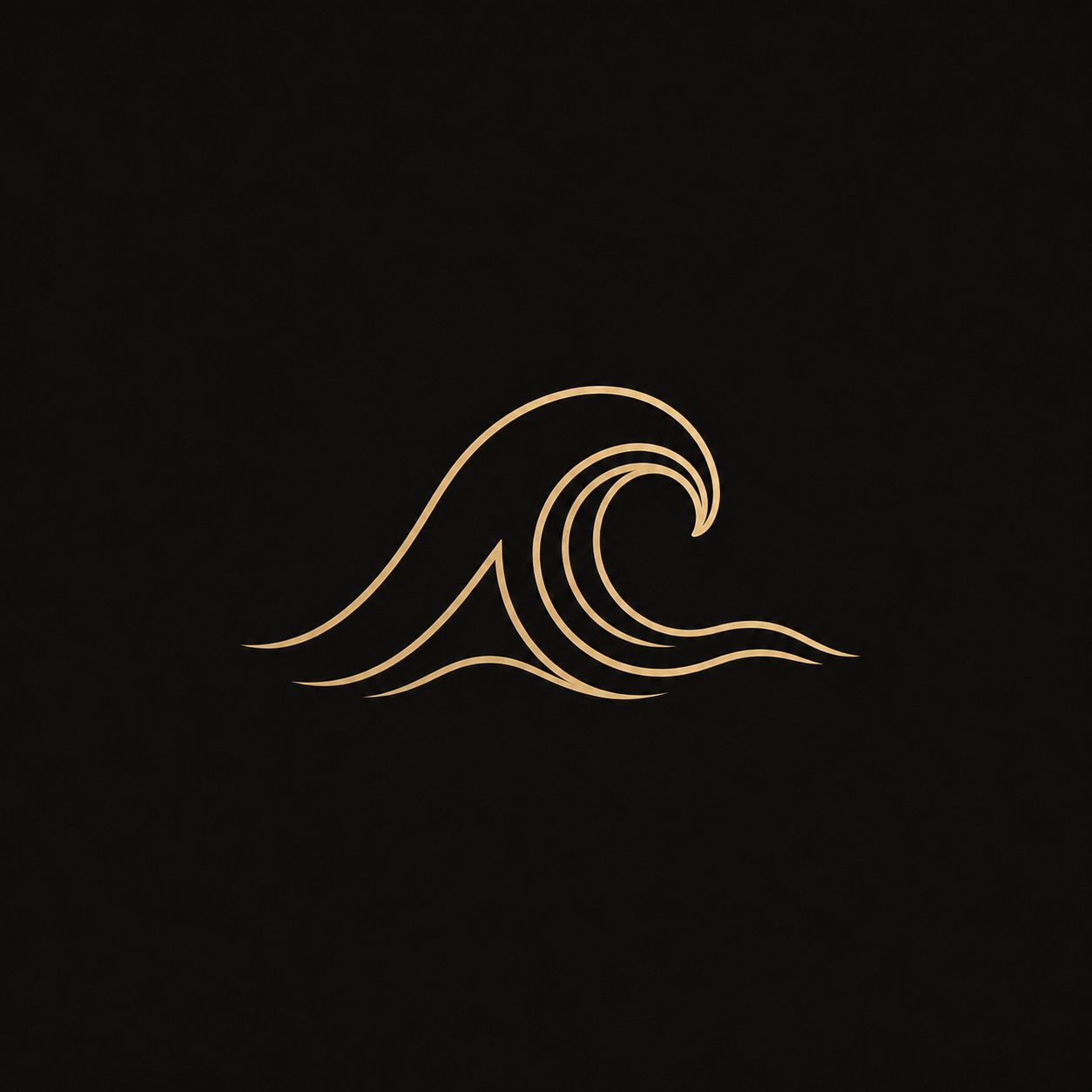 Minimalist illustration of a stylized wave created with glowing gold lines on a black background.