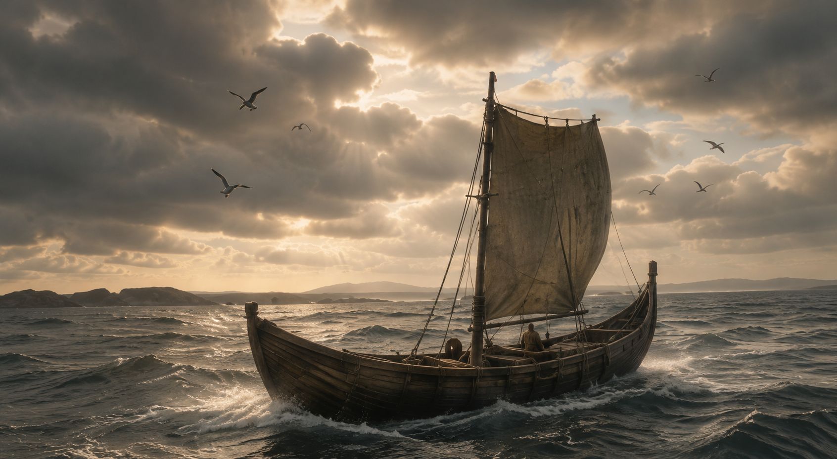 A historic wooden sailing ship with a single sail navigating choppy waters under a cloudy sky at sunset, with seagulls flying overhead and land visible in the distance.
