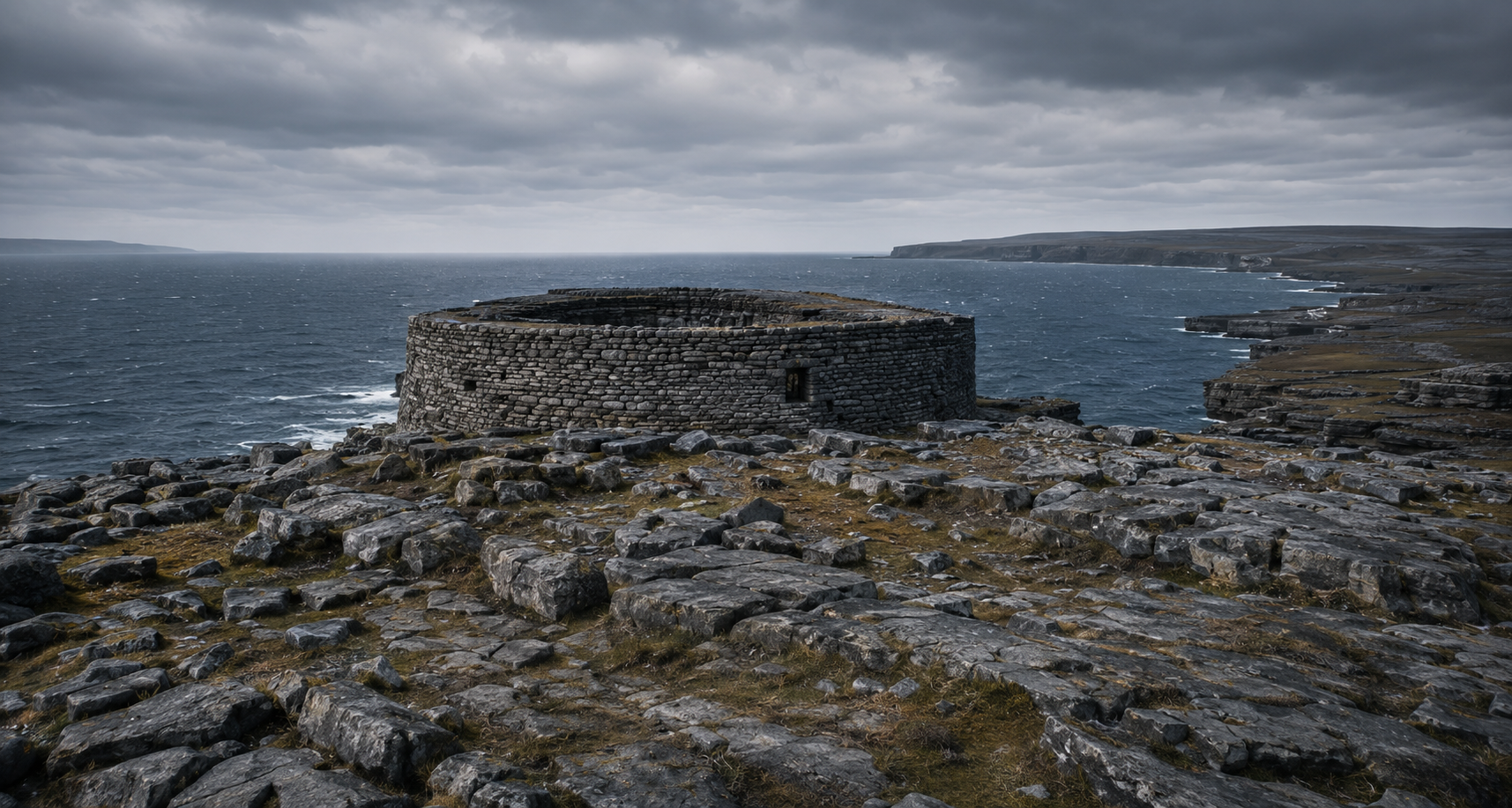 A circular stone fortress situated on rocky coastal terrain with cliffs and ocean in the background under a cloudy sky.