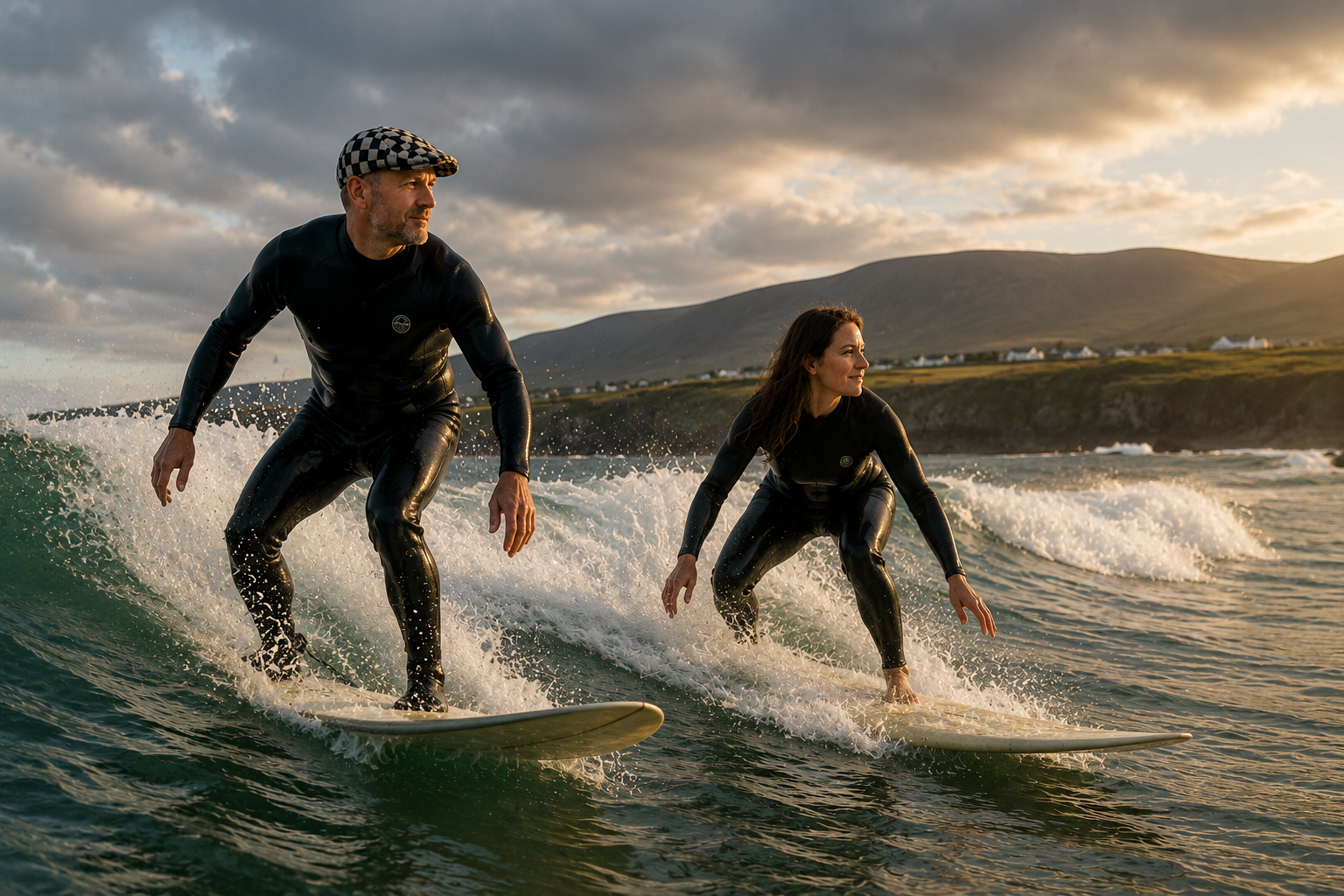 Two people surfing on the ocean waves during sunset, wearing black wetsuits, with a hilly landscape and houses in the background.