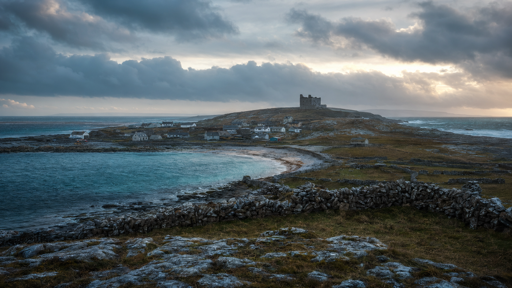 A coastal landscape featuring a small village with white houses, a rocky shoreline, a stone castle on a hill, and a cloudy sky at sunset or sunrise.
