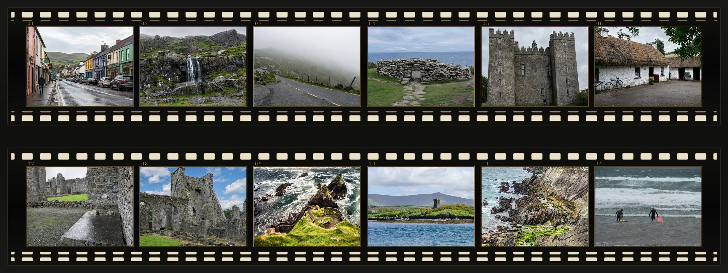 A collage of travel scenes in Ireland, including a rainy street in a small town, mountain landscapes, misty roads, historical ruins, a castle, traditional cottages, a stone fortress, cliffs with rocks and waves, a coastal scene with a castle on a hill, and surfers at the beach.