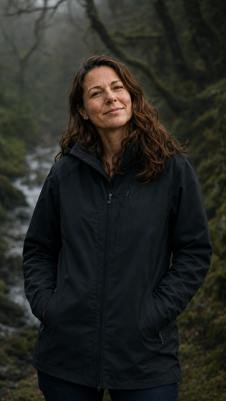 A woman with curly brown hair wearing a black jacket standing outdoors in front of a forested area with a small stream.