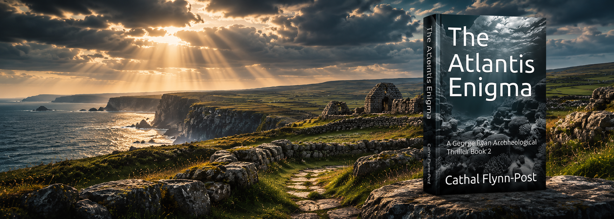 A scenic coastal landscape with cliffs, a stone path, and ancient ruins under a dramatic sky with sunlight breaking through clouds. Superimposed on the image is a book cover titled 'The Atlantis Enigma' by Cathal Flynn-Post.