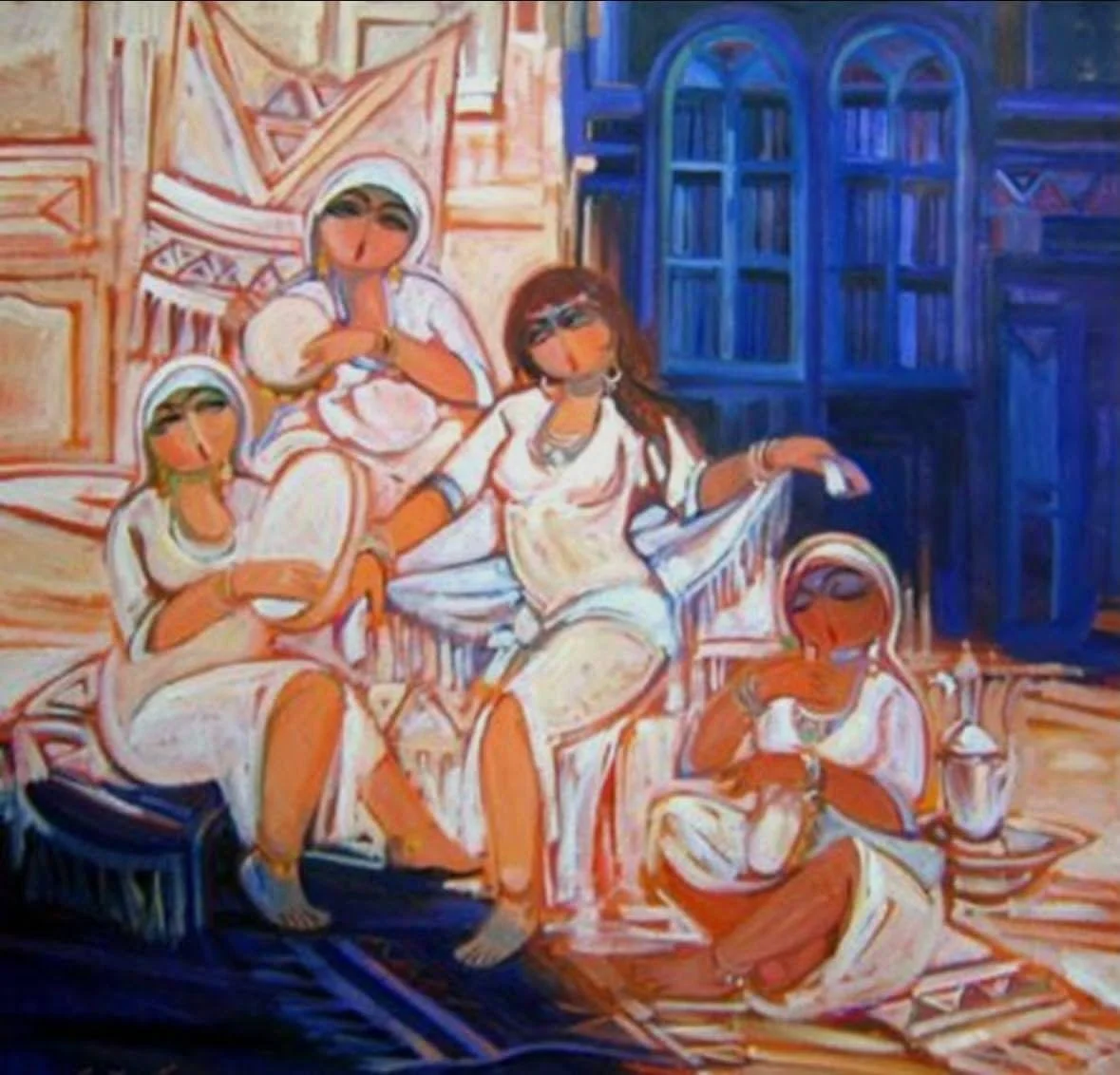 Painting of five women in traditional attire sitting and posing inside a room with a patterned wall and blue bookshelf.