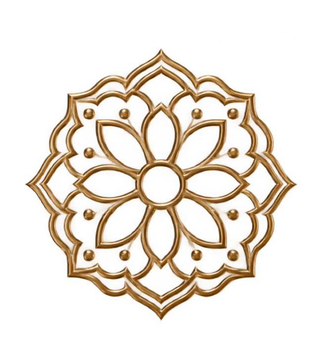 A decorative gold-colored metallic ornament with an intricate floral pattern against a red background.