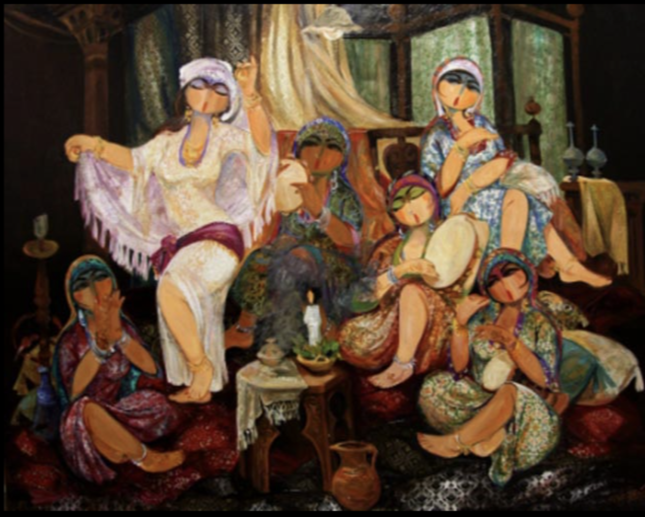 Colorful painting of seven women in traditional clothing, sitting and standing in a decorated room, some playing musical instruments and others holding accessories, with patterned fabrics and detailed background elements.