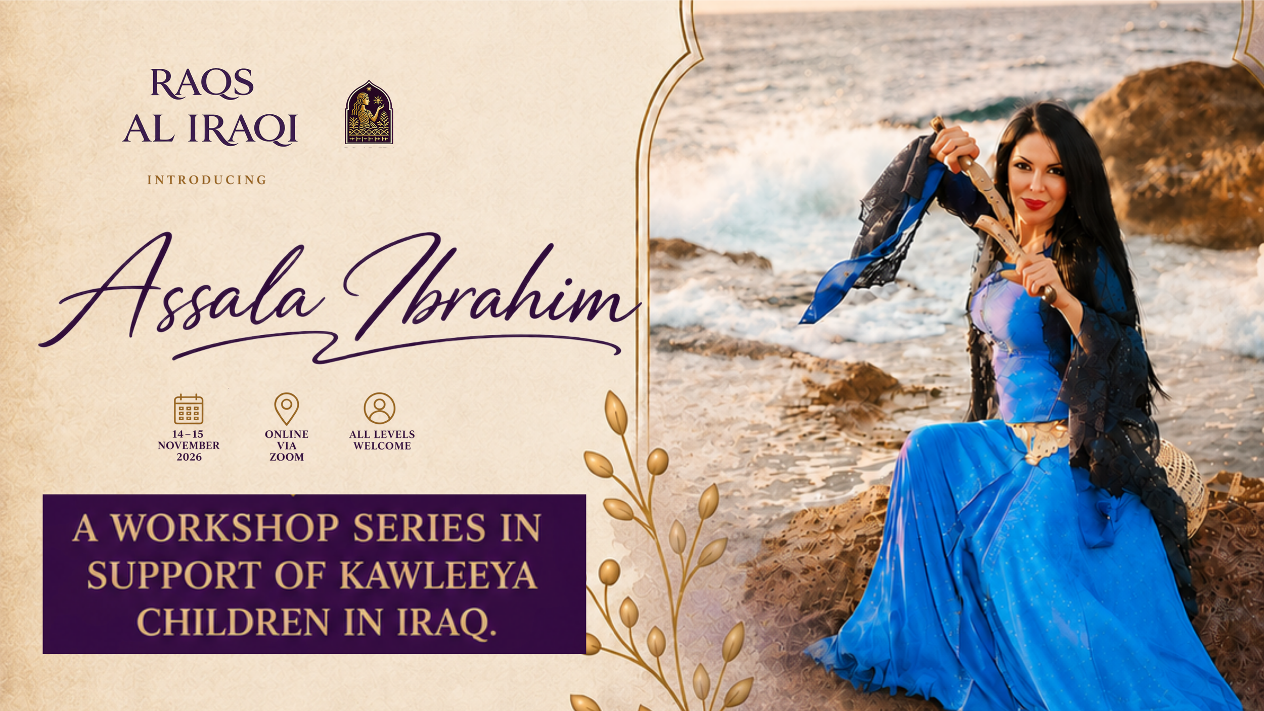 Poster for a workshop series titled 'Assala Ibrahim' with the subtitle mentioning support for Iraqi children. The poster features a woman in traditional blue attire seated on a beach with waves and rocks in the background.