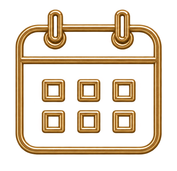 A calendar icon with a brown outline and six small squares representing days, set against a transparent background.