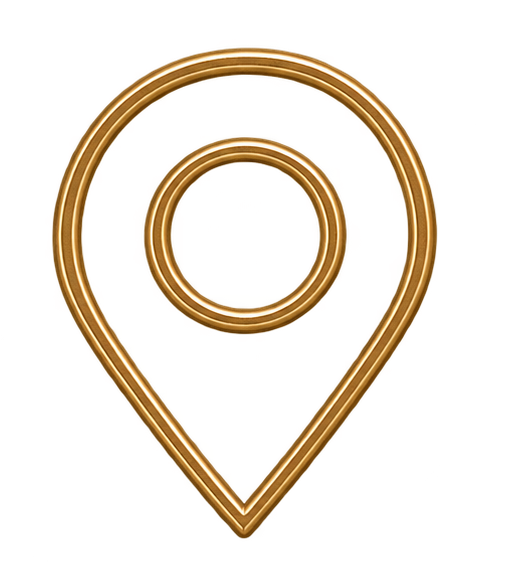 A gold, metallic 3D map marker icon with a circular design inside, set against a transparent background.