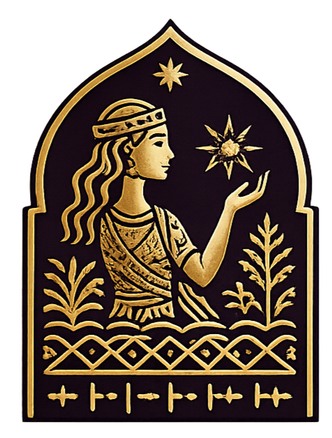 Gold and black emblem featuring a woman in profile, holding a star-shaped object in her hand, surrounded by plants, with decorative patterns at the bottom.