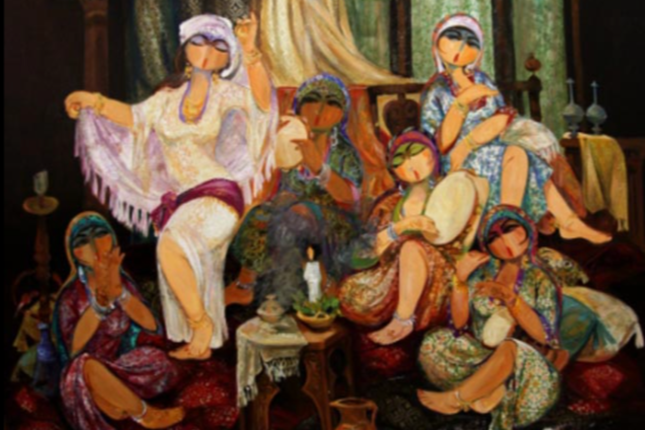 A colorful painting of seven women in traditional attire, sitting and lying on a sofa, with various objects around them, in a vibrant interior setting.