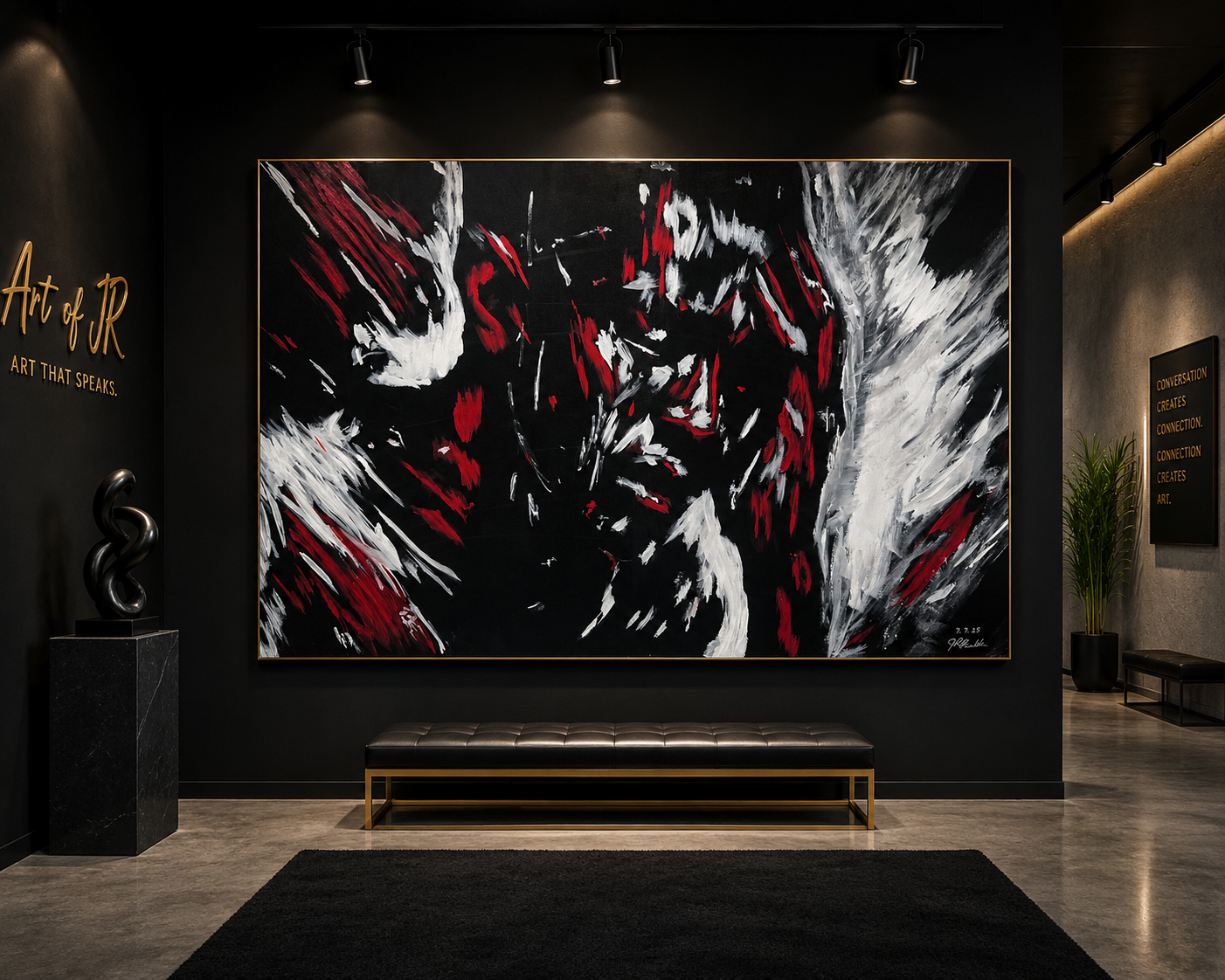 Art of JR abstract expressionist painting displayed in a modern gallery, featuring bold black, white, red, and gray brushstrokes.