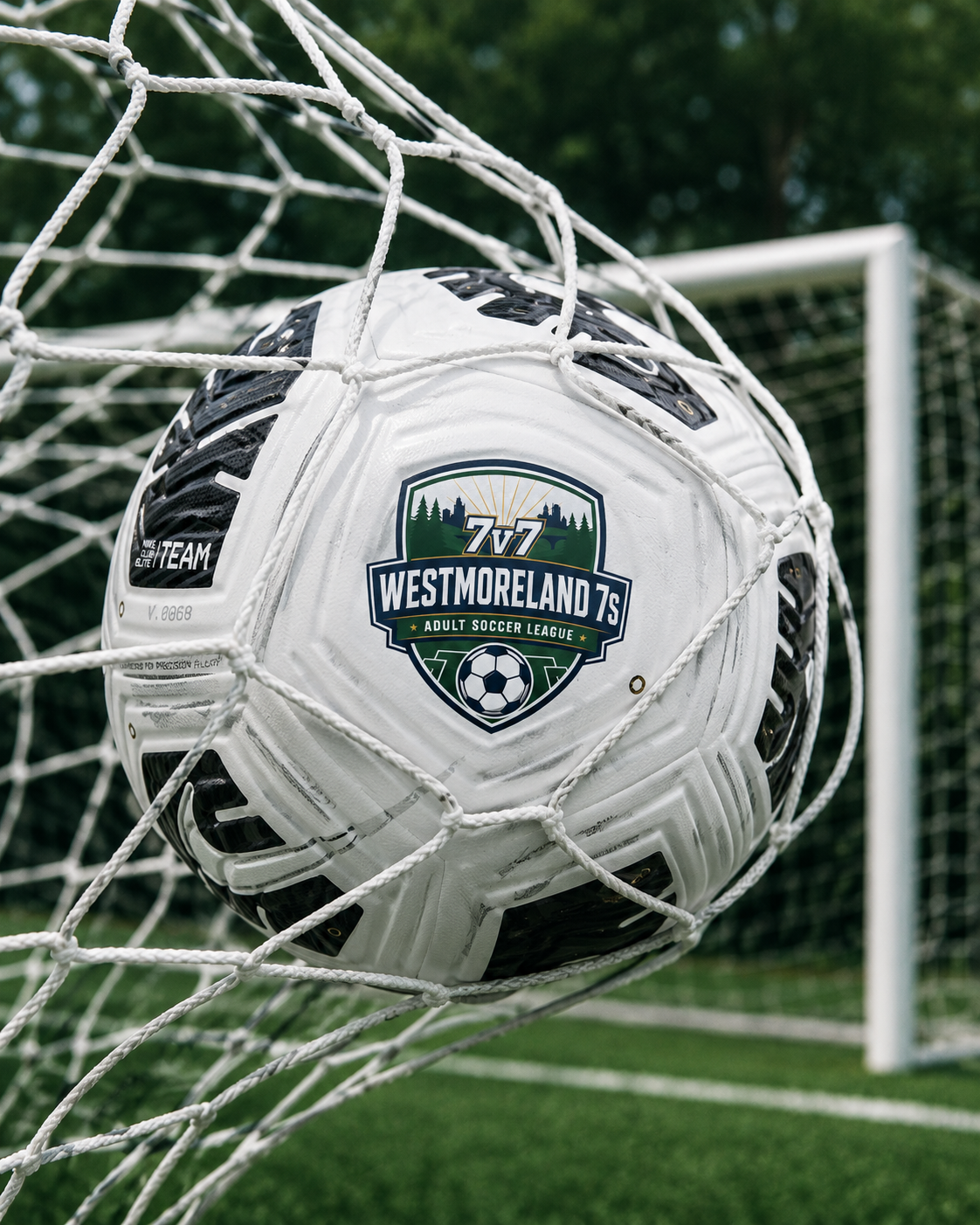 Soccer ball with "Westmoreland 7s Adult Soccer League" logo stuck in the net of a soccer goal on a field with trees in the background.