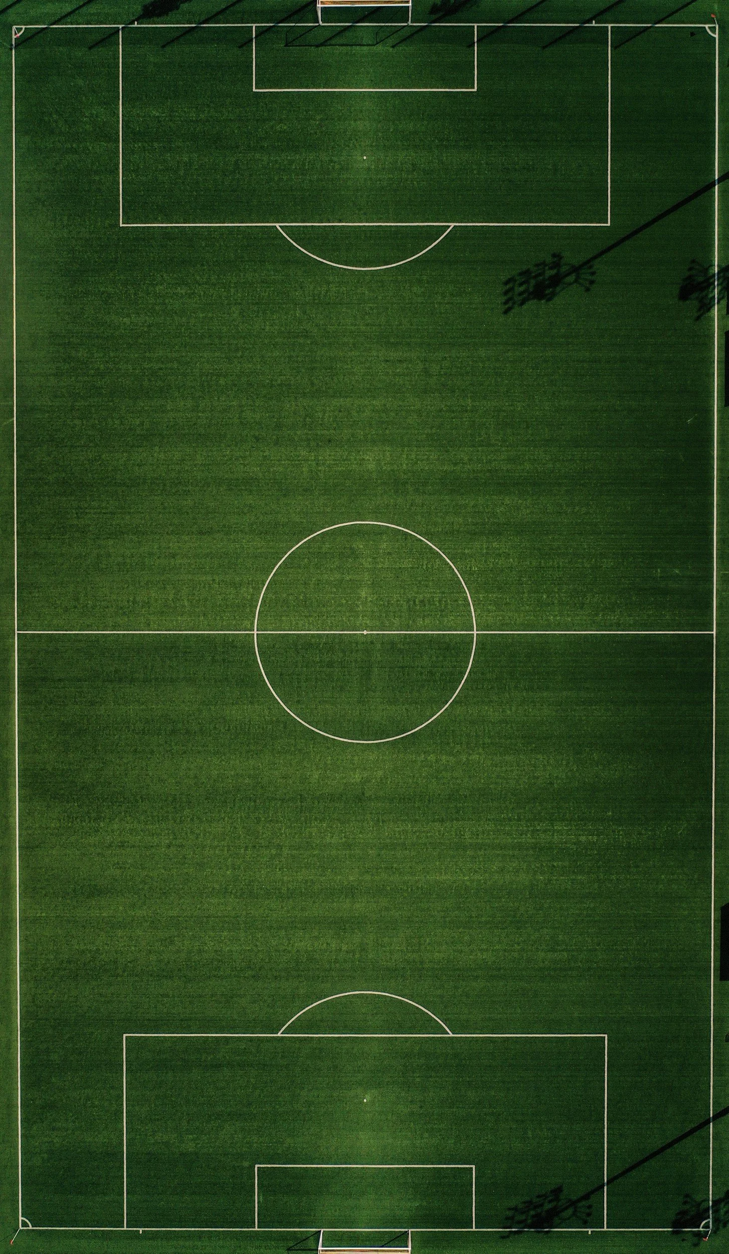 A green soccer field with white lines marking the boundaries, center circle, penalty areas, and goal areas, viewed from above.