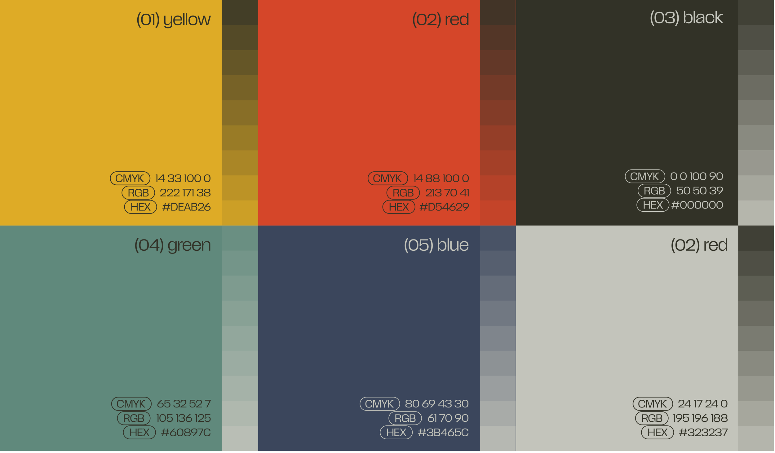 A color palette chart displaying five main colors: yellow, red, black, green, and blue. Each color section includes color codes in CMYK, RGB, and HEX formats.
