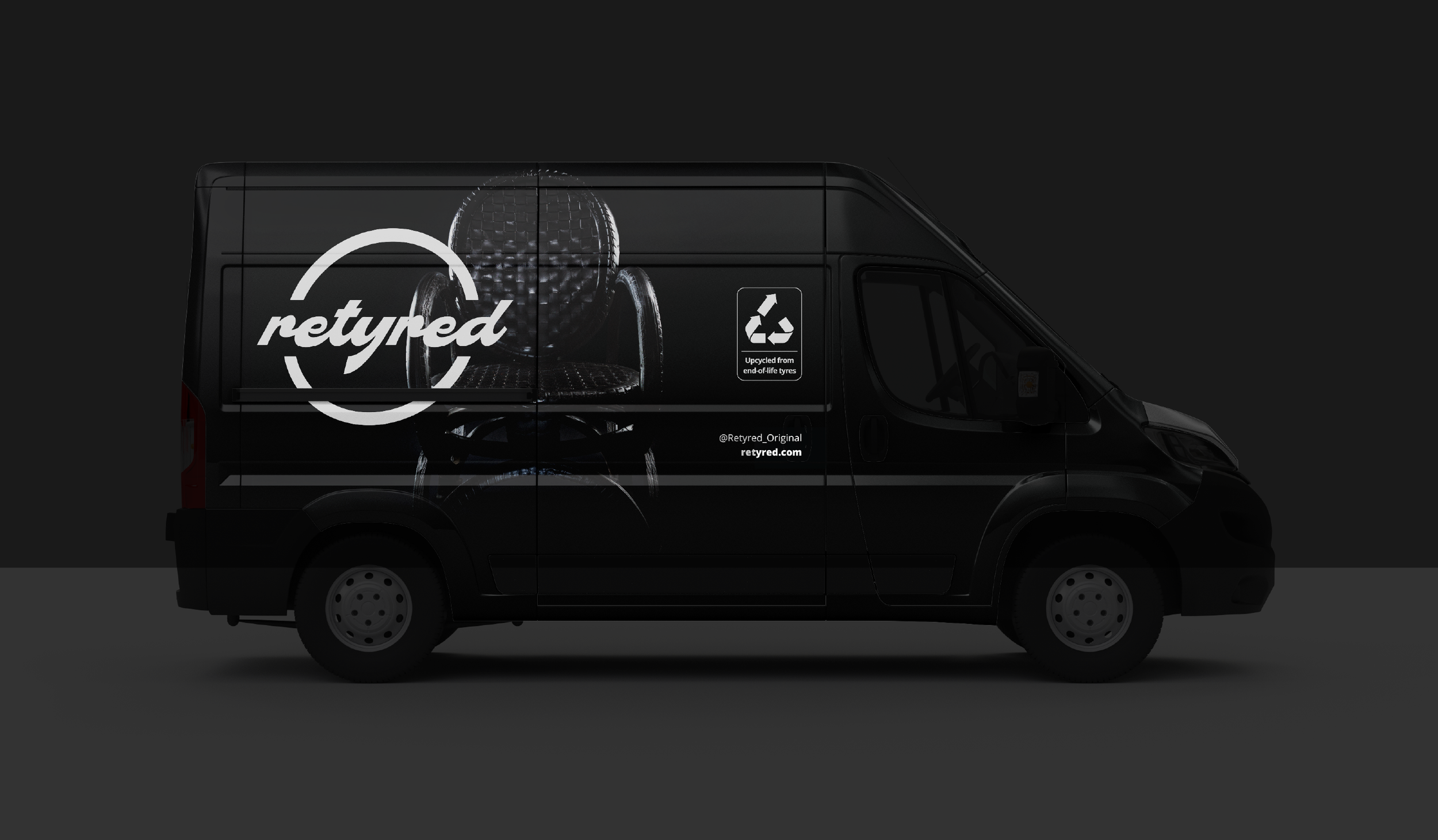 A black delivery van with branding for Retyrded, featuring a golf ball and a circular logo, against a dark background.