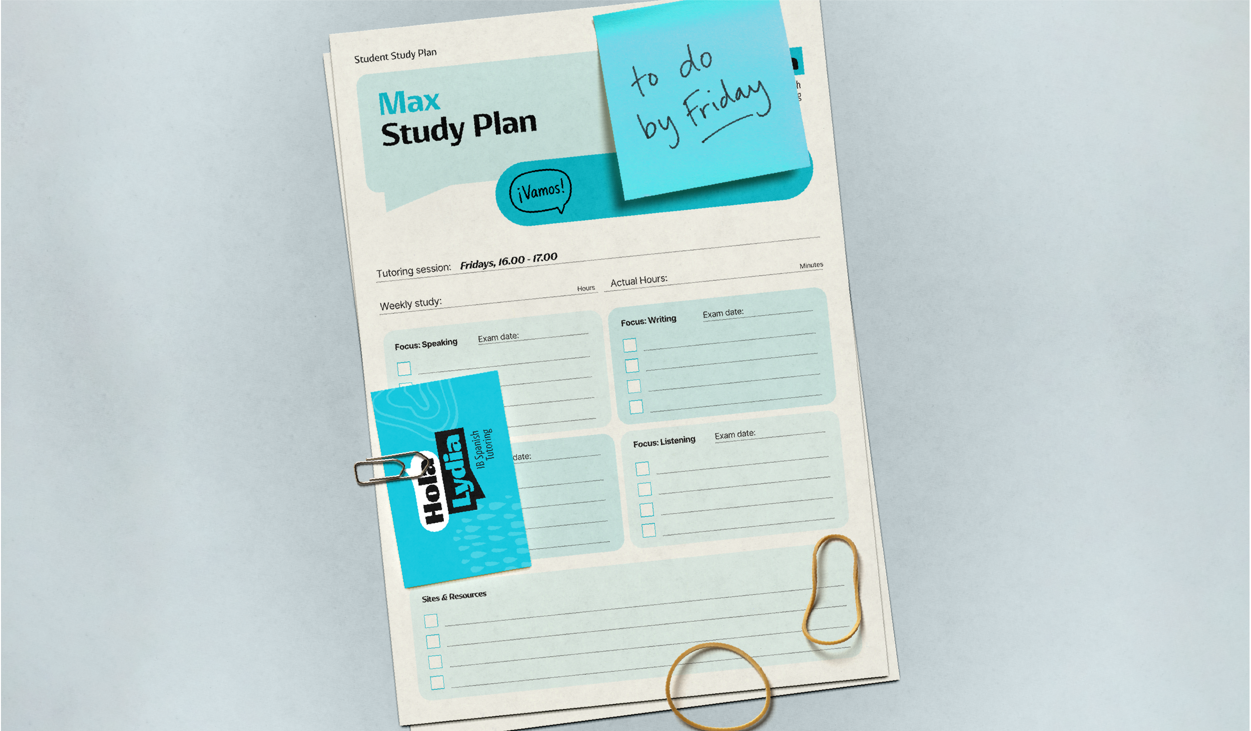 A study plan sheet titled "Max Study Plan" with blue sticky notes and paper clips attached. There is a sticky note that says "to do by Friday". The sheet has sections for weekly study, exam dates, and focus areas such as speaking, writing, and listening.