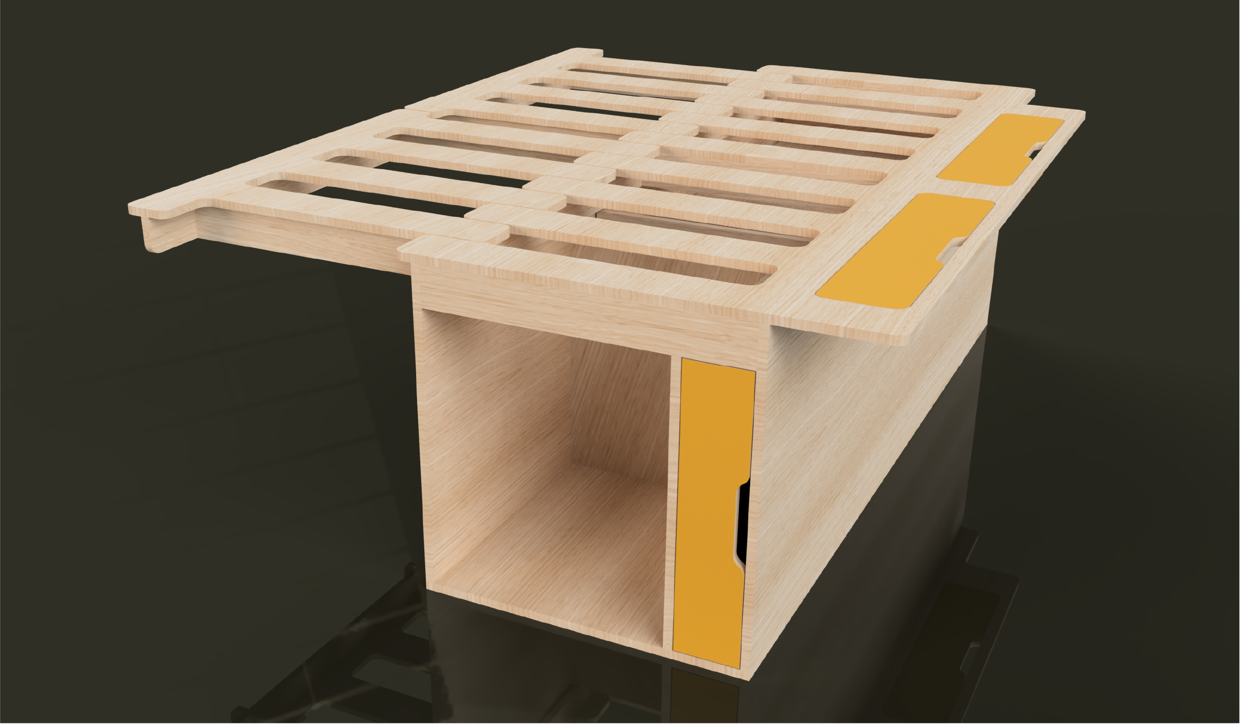 A wooden model of a building structure with a raised platform and yellow accents on the sides.