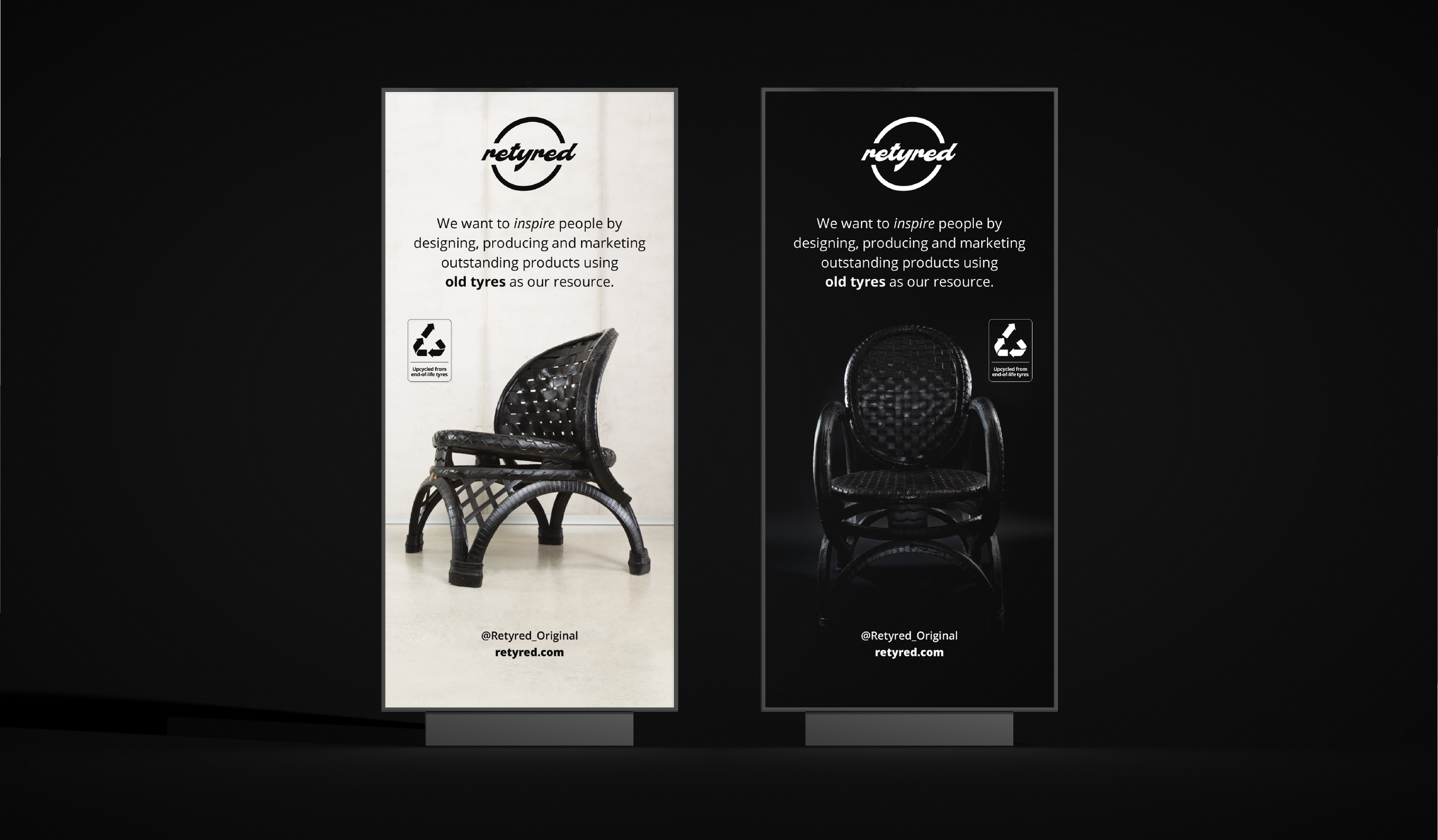 Comparison of two chairs made from upcycled old tires: the left chair is natural-colored with a woven backrest, and the right chair is black with a woven backrest, both with informational text about upcycling tires.