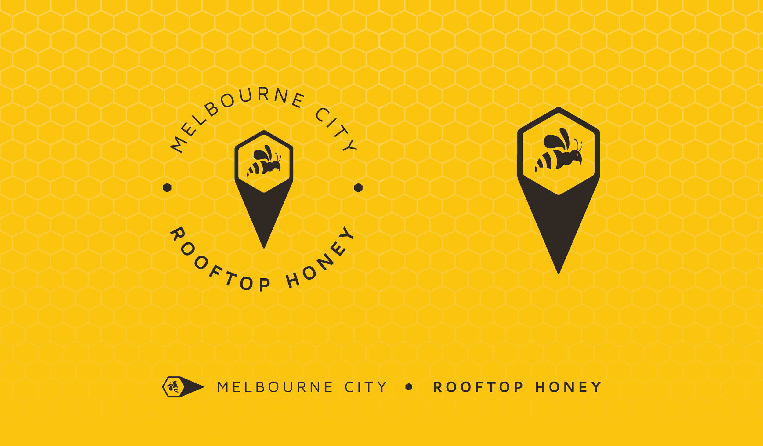 Yellow background with a honeycomb pattern, featuring two black location markers with bee icons and text indicating Melbourne City, Rooftop Honey.