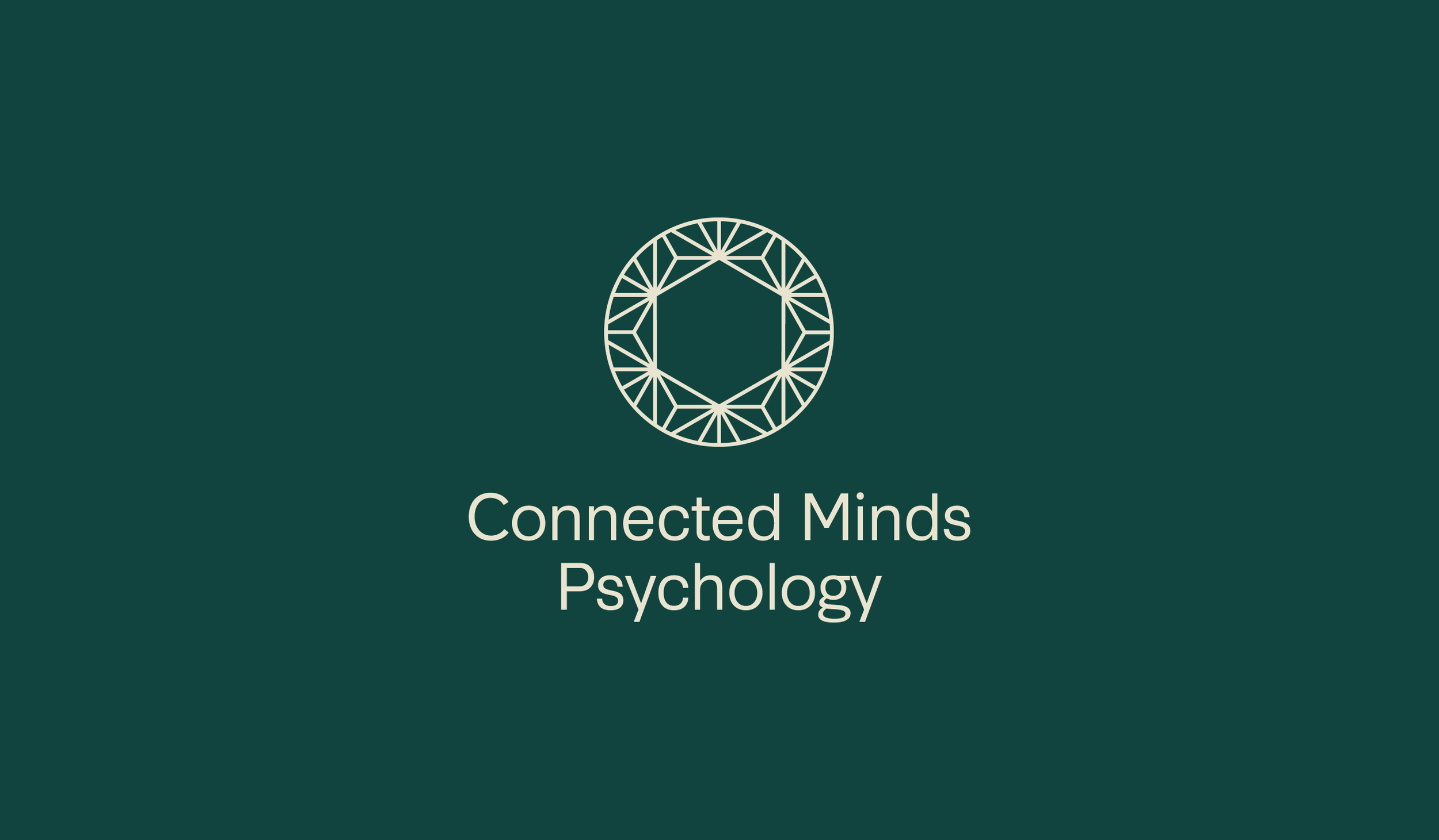 Logo of a geometric design resembling a brain, with the words "Connected Minds Development Psychology" underneath, on a dark green background.