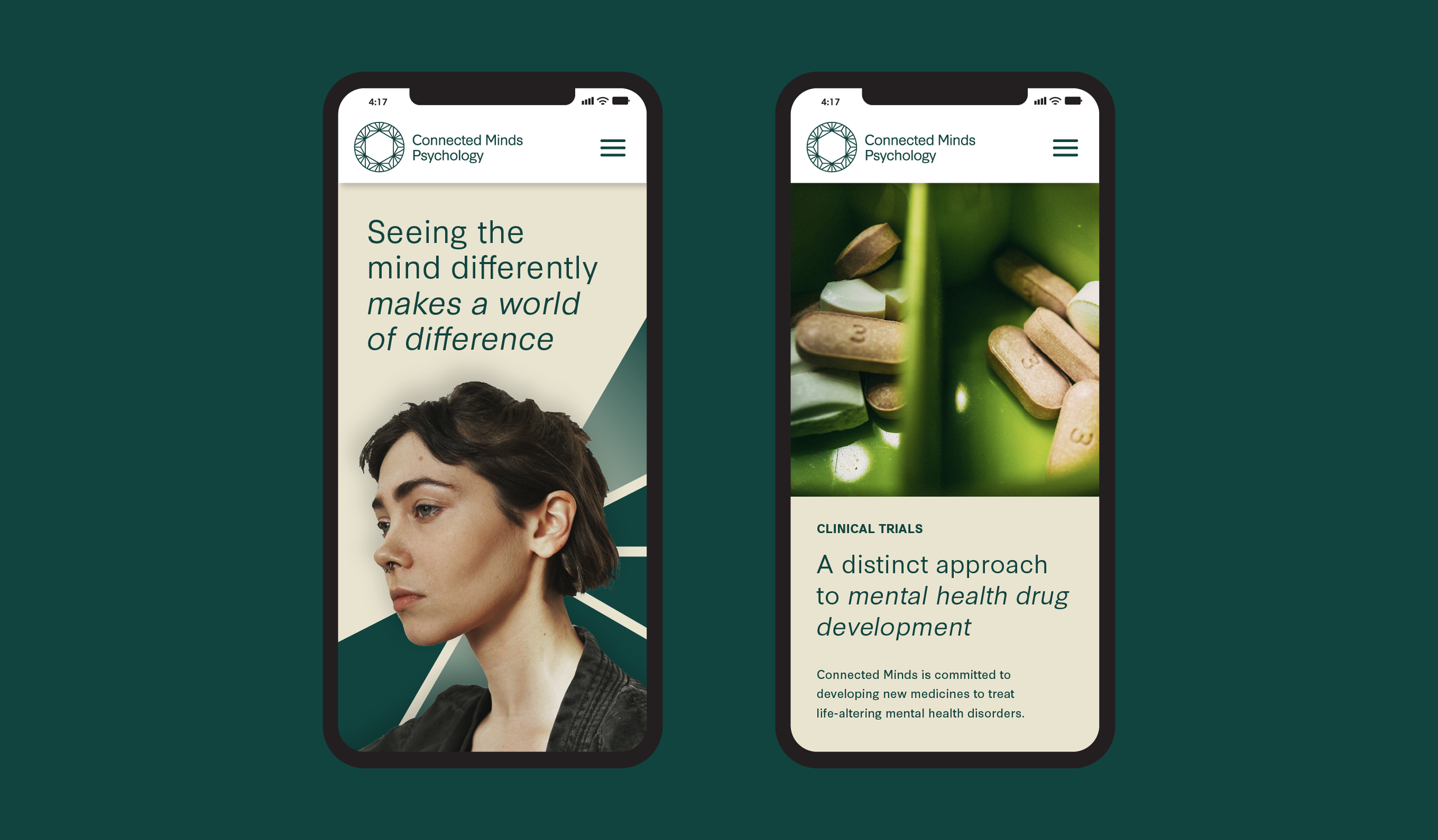 Screenshots of a mobile website for Connected Minds Psychology, featuring text about mental health treatment and clinical trials, and an image of pills in a green container.